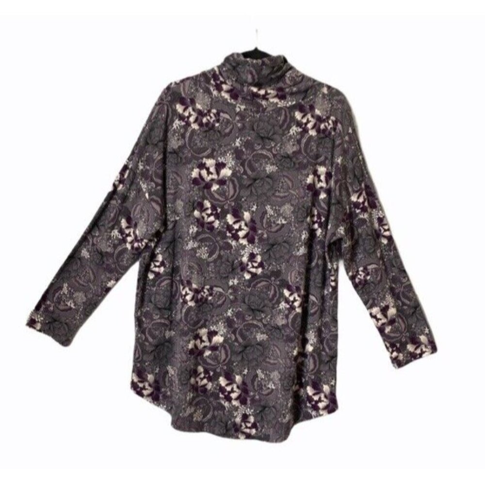 Simply Emma Drawstring Mock Neck Long Sleeve Floral Print Top Purple Gray 2X EUC
